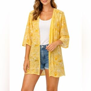 Ember Yellow Floral Kimono Cardigan Women’s Small Sheer Open Front 3/4 Sleeve